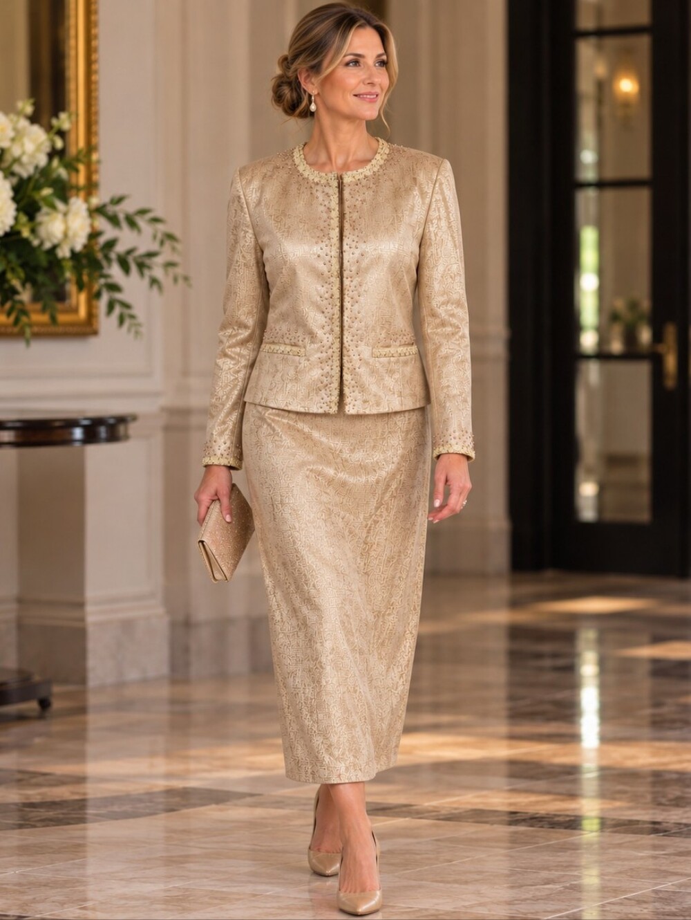 Adrianna Papell Silk Skirt Suit 10 Beaded Champagne Mother of Bride Formal